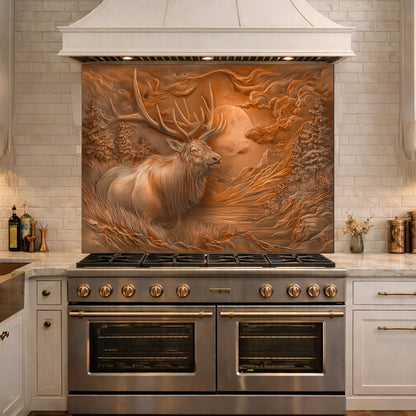3D Deer Head Glass Backsplash, Bronze Mountain Moon Kitchen Wall Panel