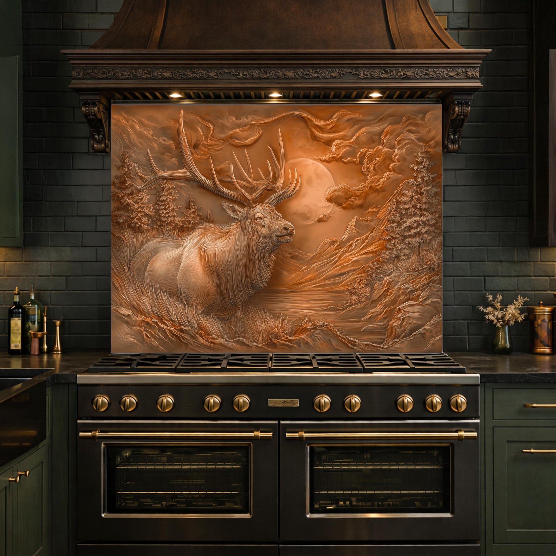 3D Deer Head Glass Backsplash, Bronze Mountain Moon Kitchen Wall Panel