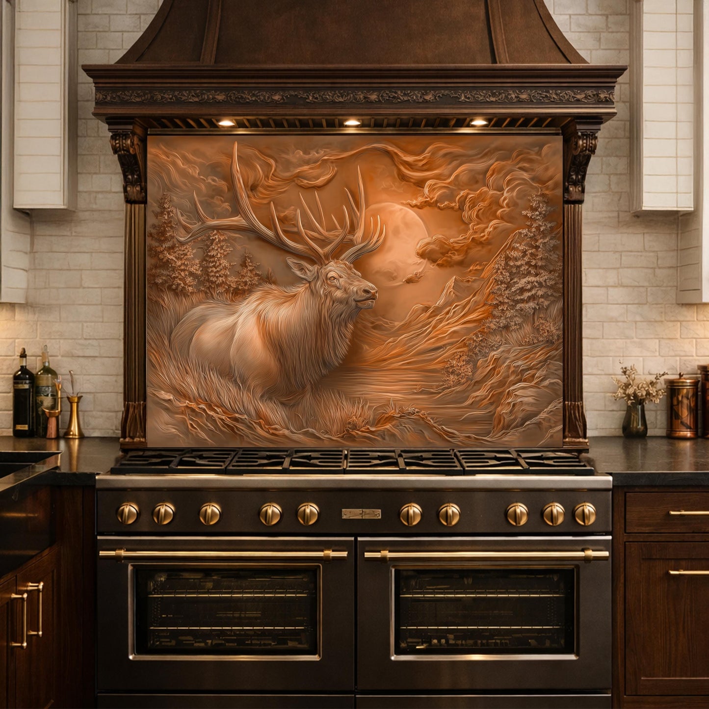 3D Deer Head Glass Backsplash, Bronze Mountain Moon Kitchen Wall Panel