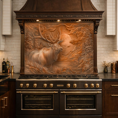 3D Deer Head Glass Backsplash, Bronze Mountain Moon Kitchen Wall Panel