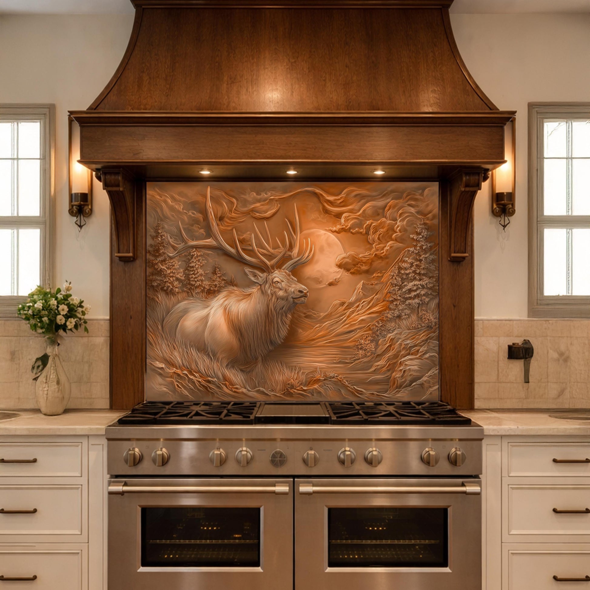 3D Deer Head Glass Backsplash, Bronze Mountain Moon Kitchen Wall Panel