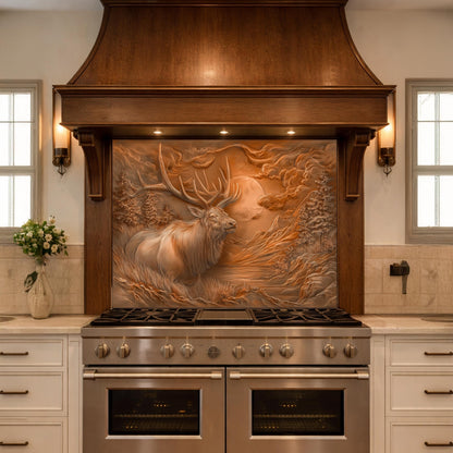 3D Deer Head Glass Backsplash, Bronze Mountain Moon Kitchen Wall Panel