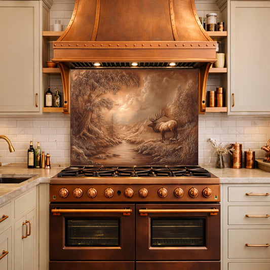 3D Deer Forest Glass Backsplash, Bronze Nature Landscape Kitchen Panel
