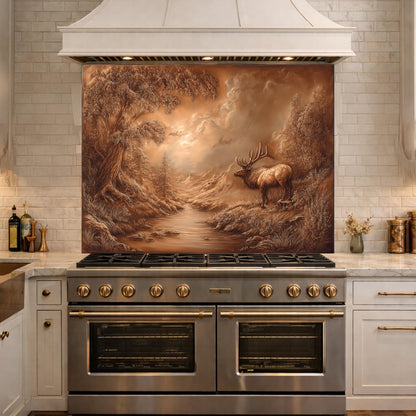 3D Deer Forest Glass Backsplash, Bronze Nature Landscape Kitchen Panel