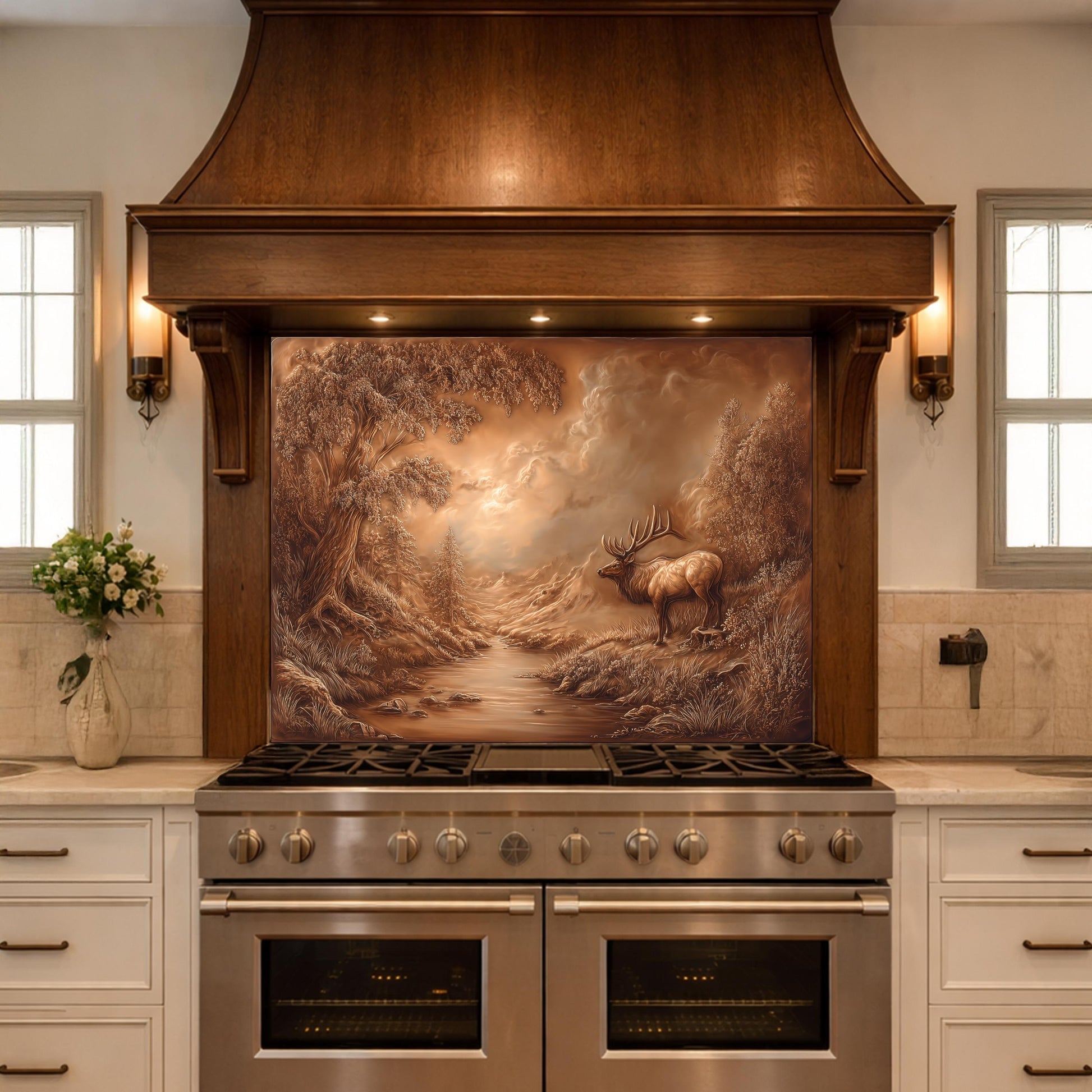 3D Deer Forest Glass Backsplash, Bronze Nature Landscape Kitchen Panel