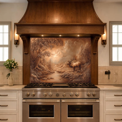 3D Deer Forest Glass Backsplash, Bronze Nature Landscape Kitchen Panel
