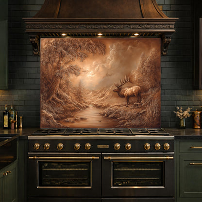 3D Deer Forest Glass Backsplash, Bronze Nature Landscape Kitchen Panel