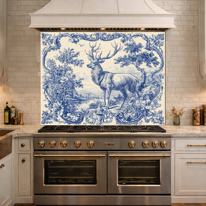 Blue White Deer Glass Backsplash, Vintage Ornate Tile Kitchen Wall Panel