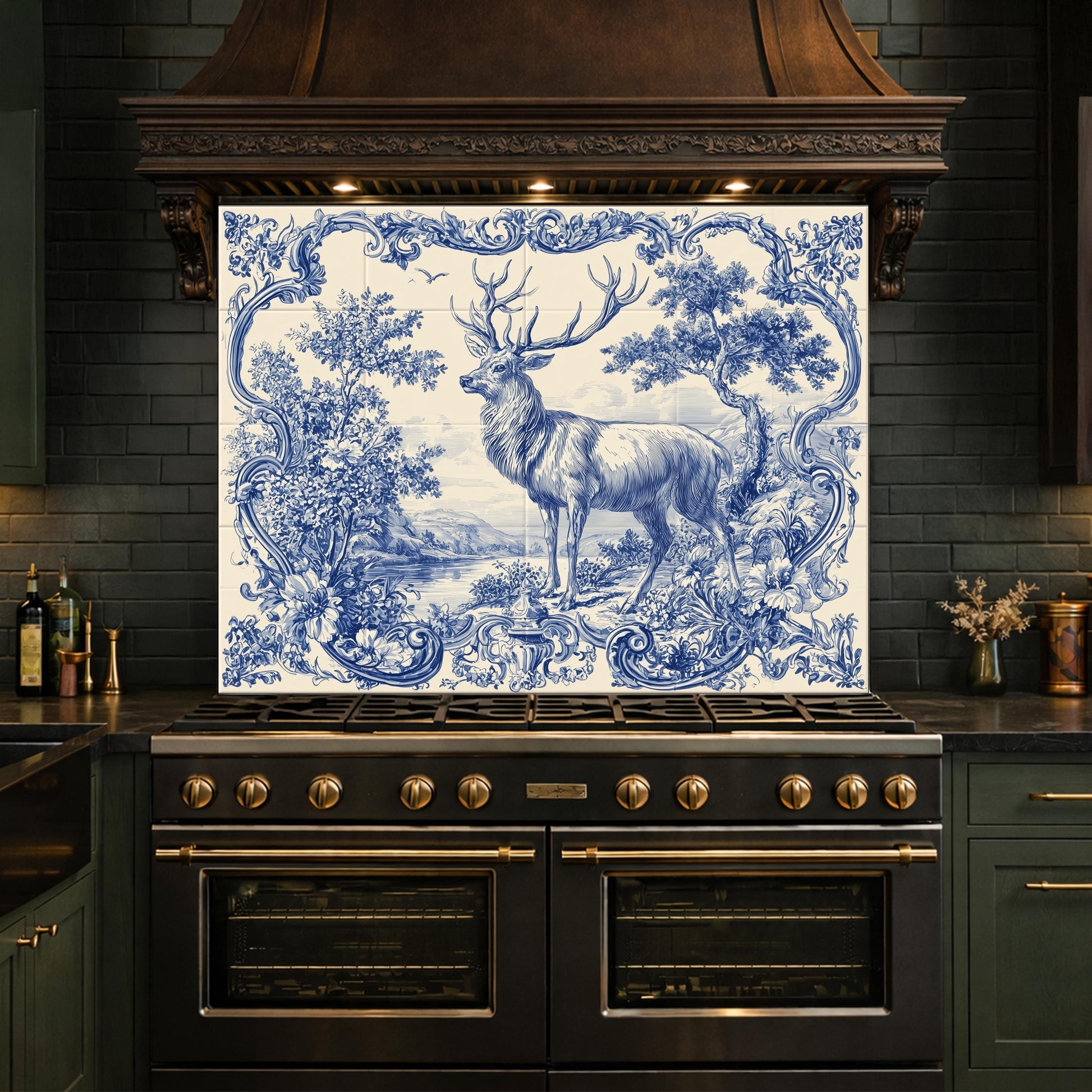 Blue White Deer Glass Backsplash, Vintage Ornate Tile Kitchen Wall Panel