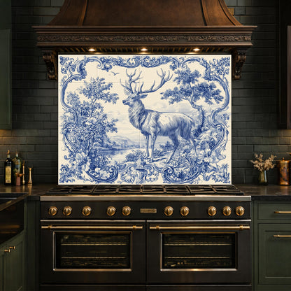 Blue White Deer Glass Backsplash, Vintage Ornate Tile Kitchen Wall Panel