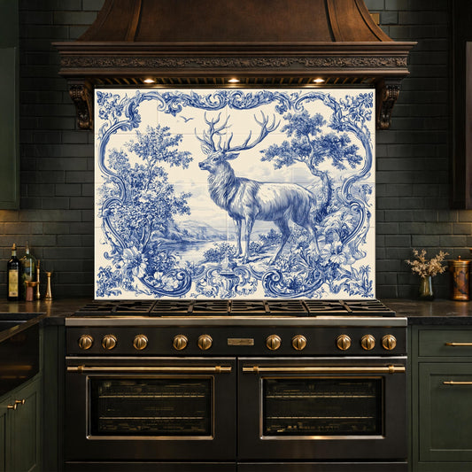 Blue White Deer Glass Backsplash, Vintage Ornate Tile Kitchen Wall Panel