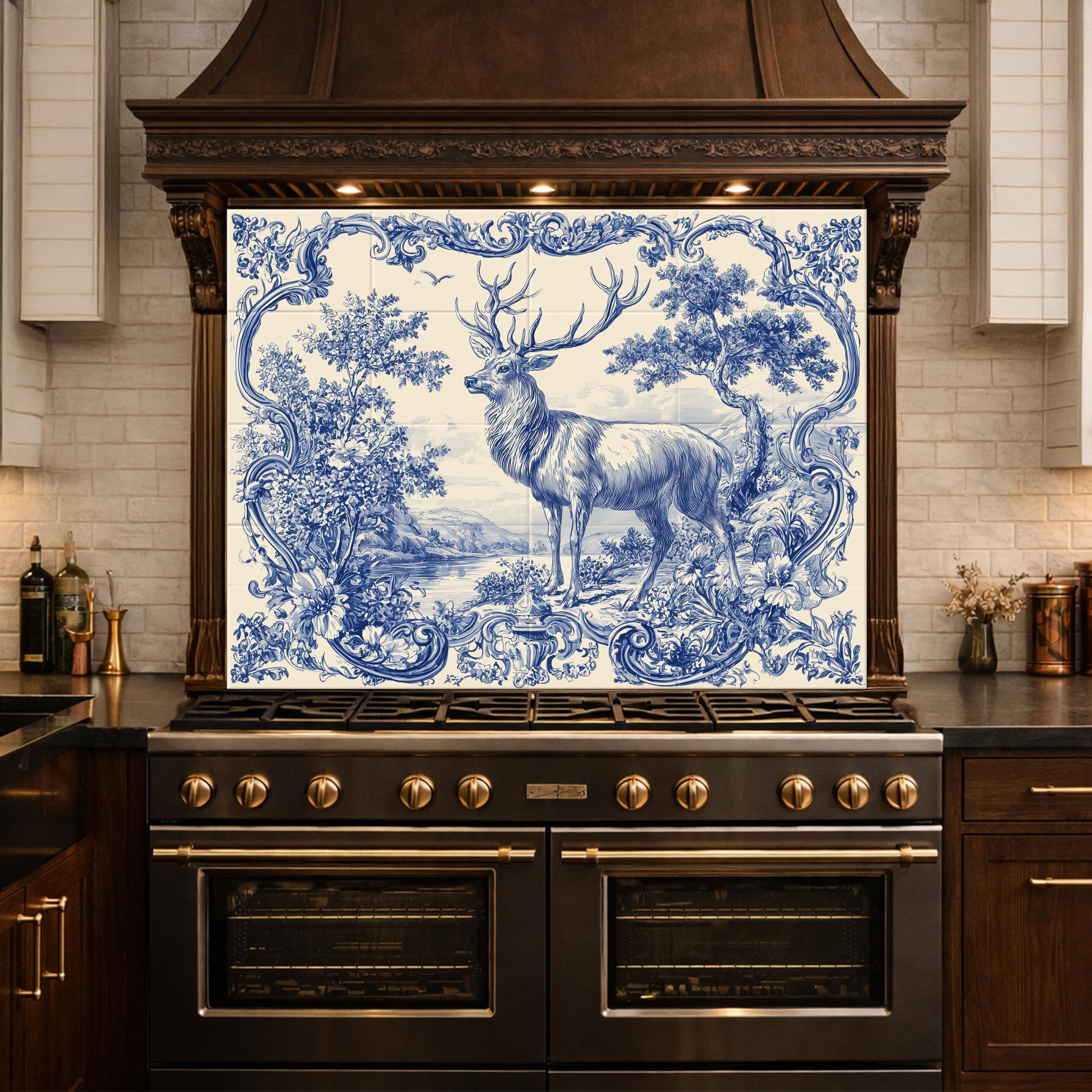 Blue White Deer Glass Backsplash, Vintage Ornate Tile Kitchen Wall Panel