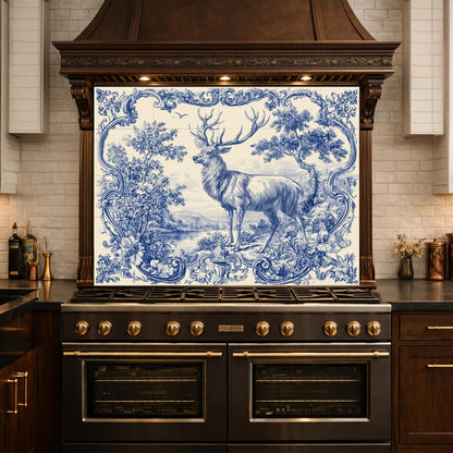 Blue White Deer Glass Backsplash, Vintage Ornate Tile Kitchen Wall Panel