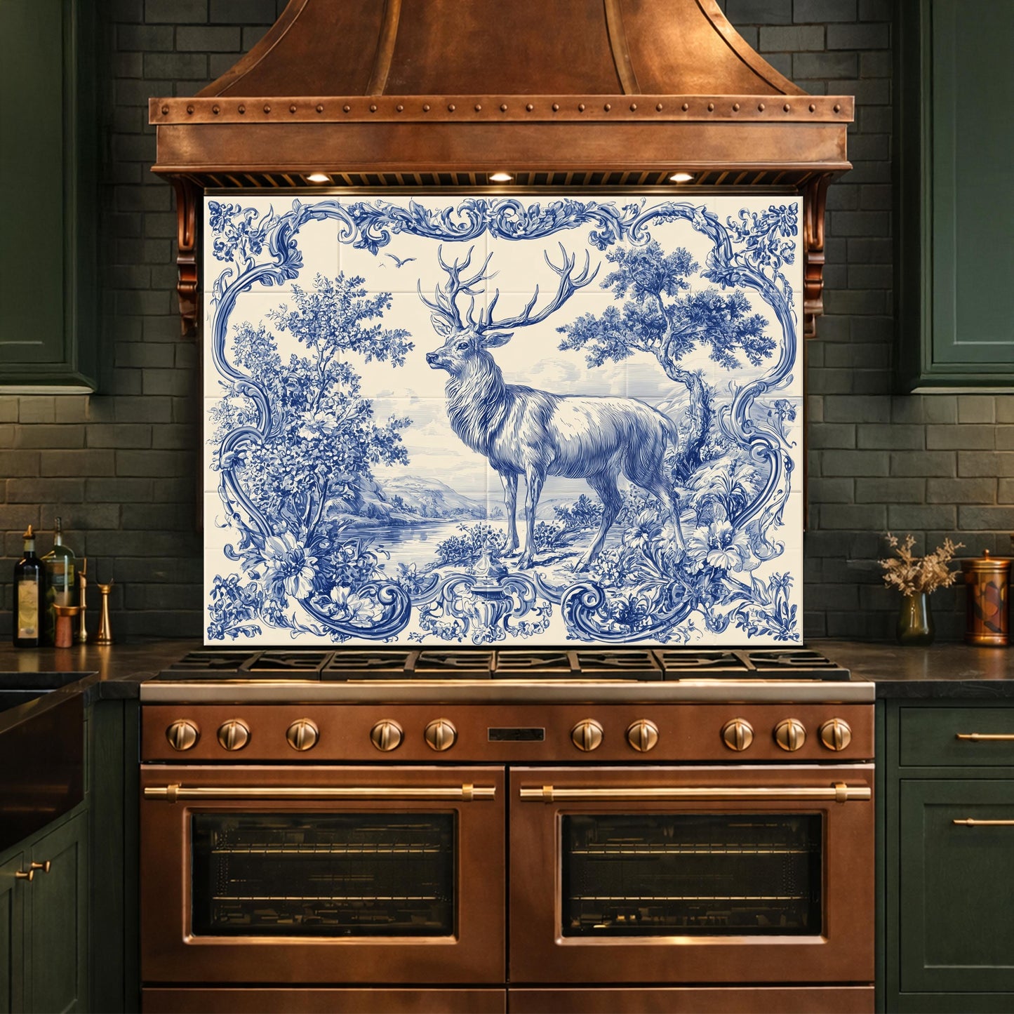 Blue White Deer Glass Backsplash, Vintage Ornate Tile Kitchen Wall Panel
