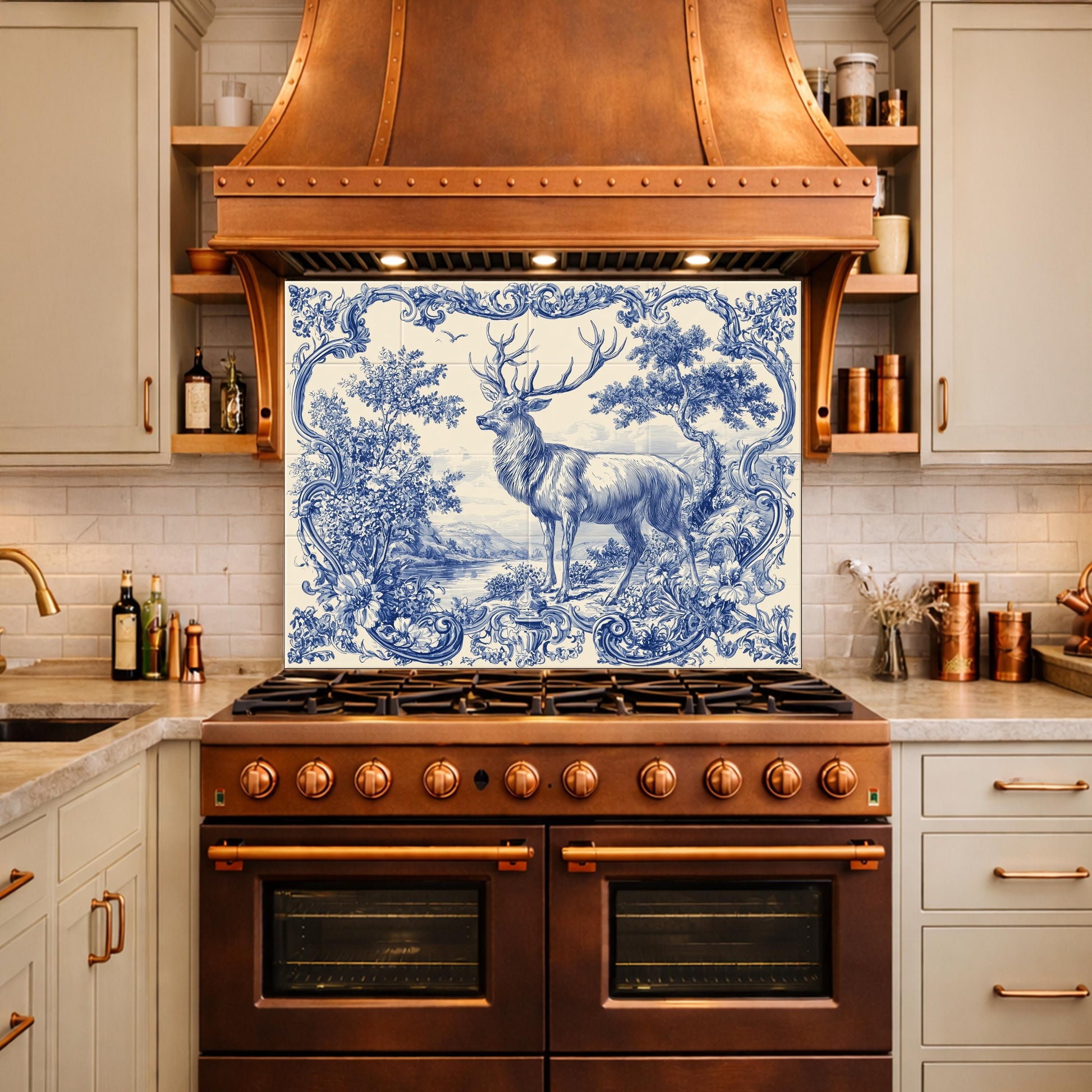 Blue White Deer Glass Backsplash, Vintage Ornate Tile Kitchen Wall Panel