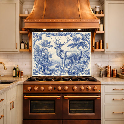 Blue White Deer Glass Backsplash, Vintage Ornate Tile Kitchen Wall Panel