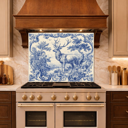 Blue White Deer Glass Backsplash, Vintage Ornate Tile Kitchen Wall Panel