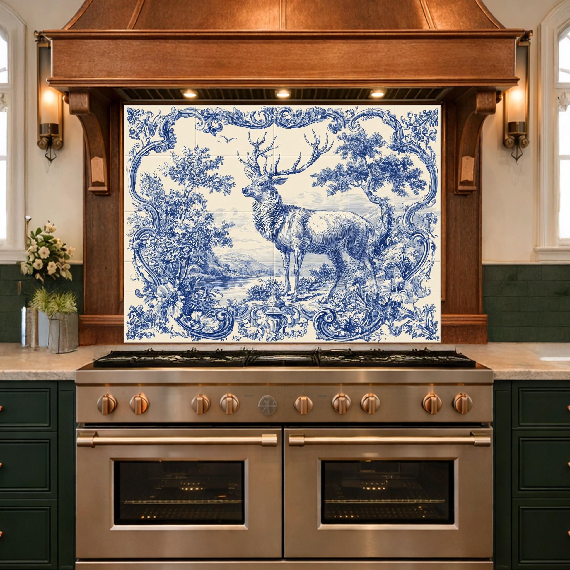 Blue White Deer Glass Backsplash, Vintage Ornate Tile Kitchen Wall Panel