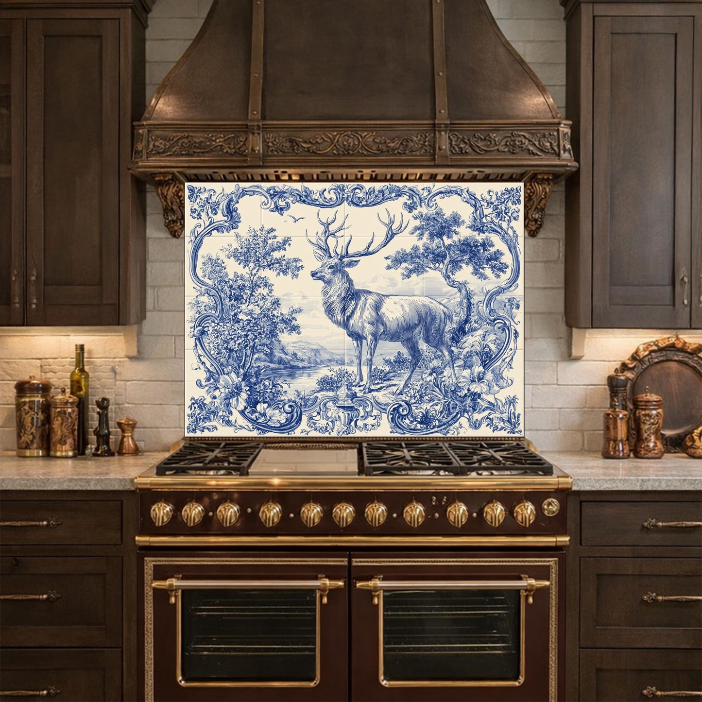 Blue White Deer Glass Backsplash, Vintage Ornate Tile Kitchen Wall Panel