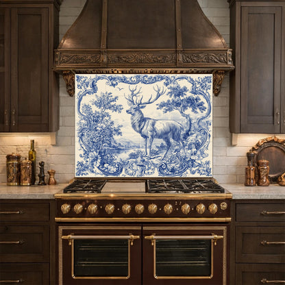 Blue White Deer Glass Backsplash, Vintage Ornate Tile Kitchen Wall Panel
