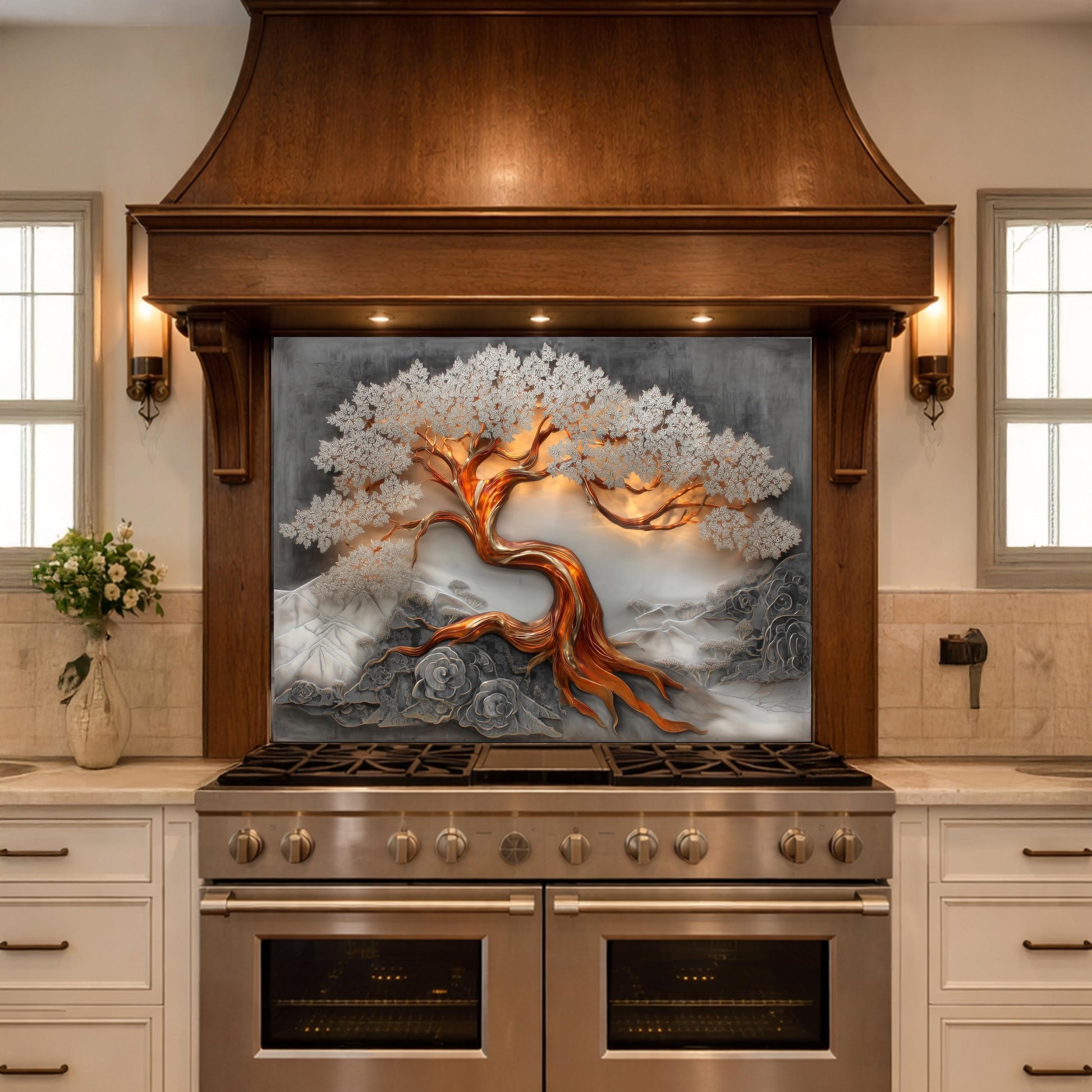 Copper Tree Glass Kitchen Backsplash Panel, Luxury Nature Stove Guard Wall Art Decor