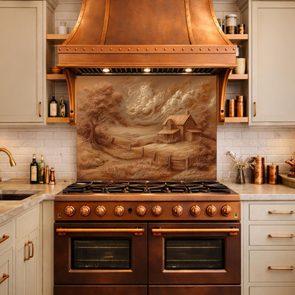 Rustic Farmhouse Landscape Glass Backsplash, Sepia Country Kitchen Wall Panel