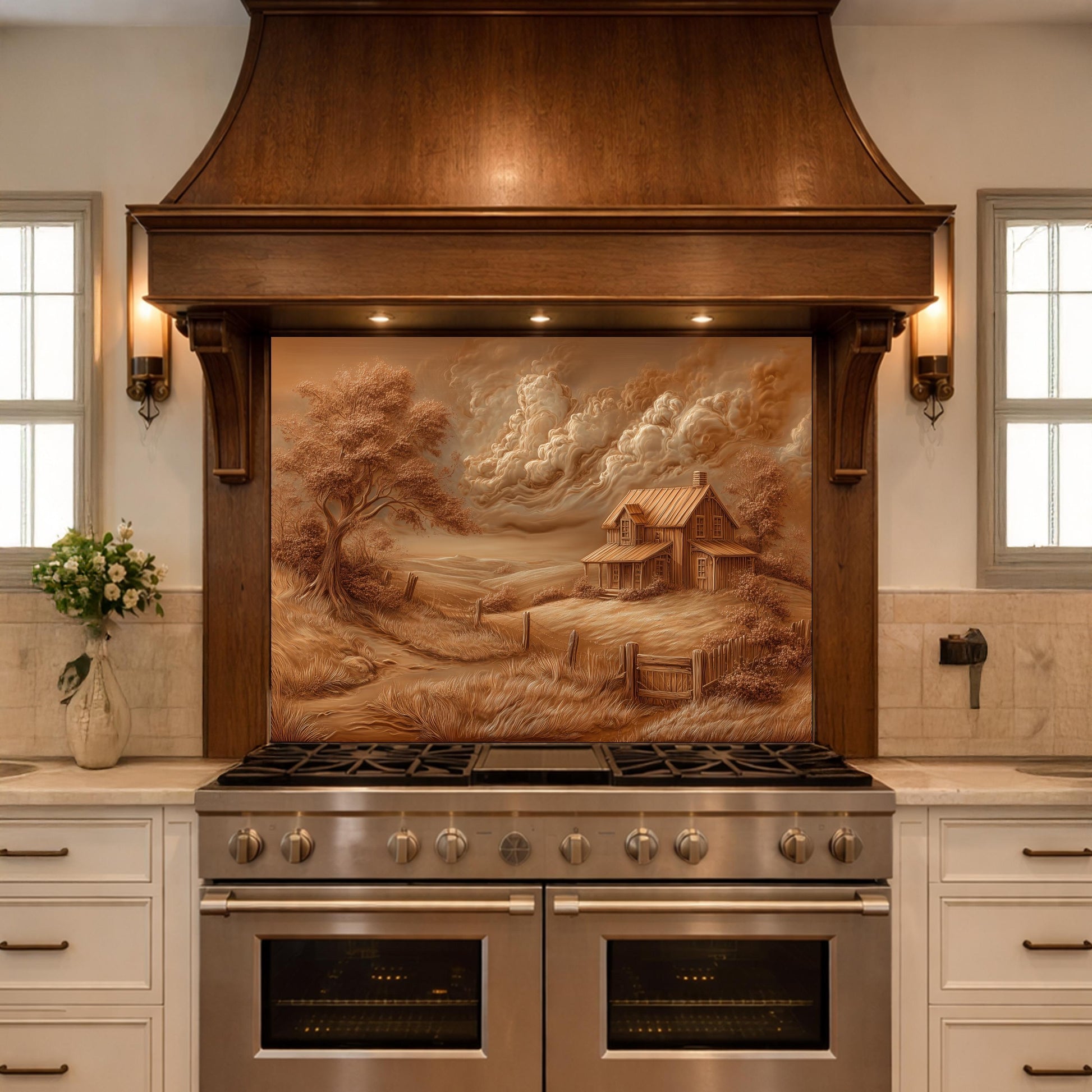Rustic Farmhouse Landscape Glass Backsplash, Sepia Country Kitchen Wall Panel