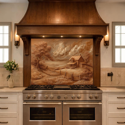 Rustic Farmhouse Landscape Glass Backsplash, Sepia Country Kitchen Wall Panel