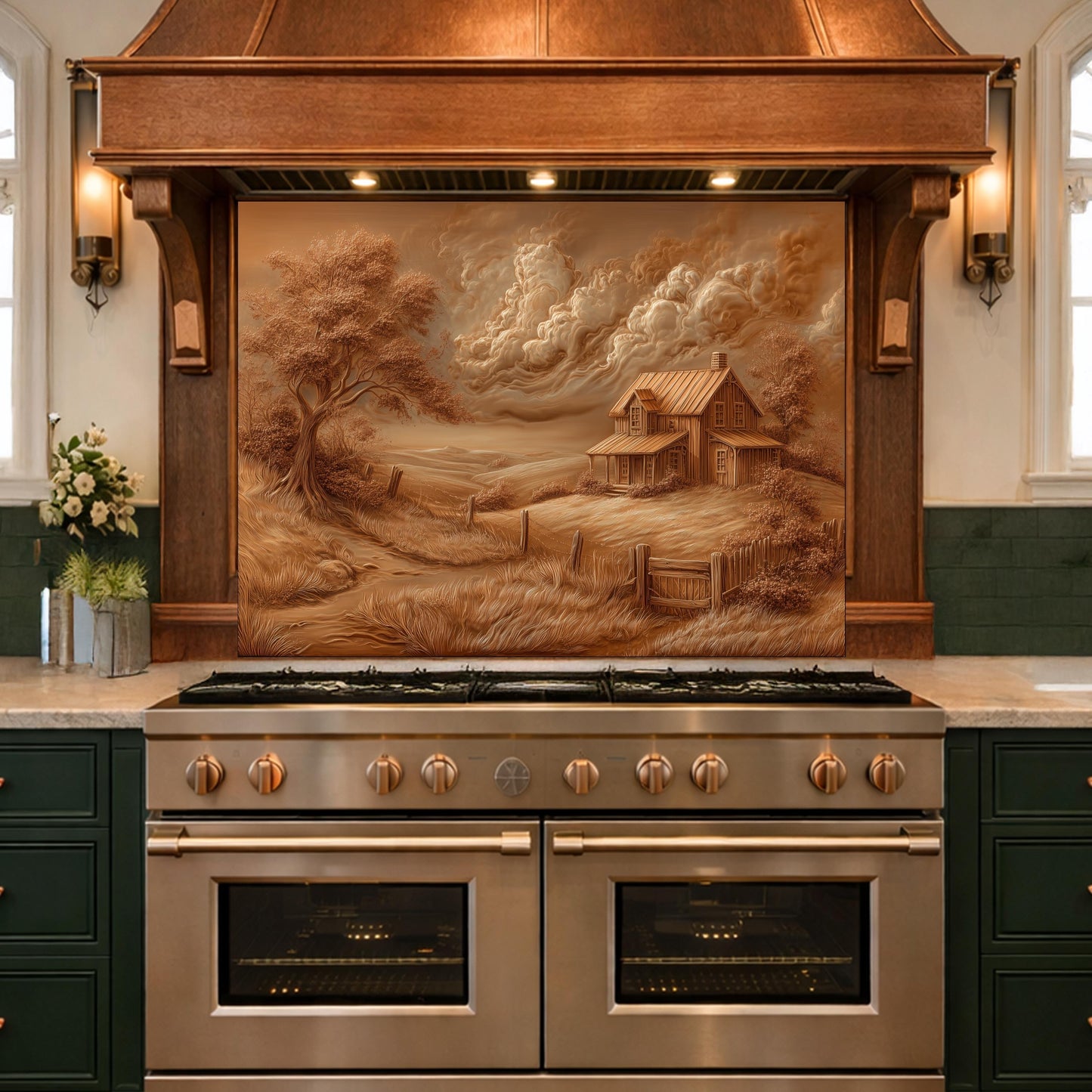 Rustic Farmhouse Landscape Glass Backsplash, Sepia Country Kitchen Wall Panel