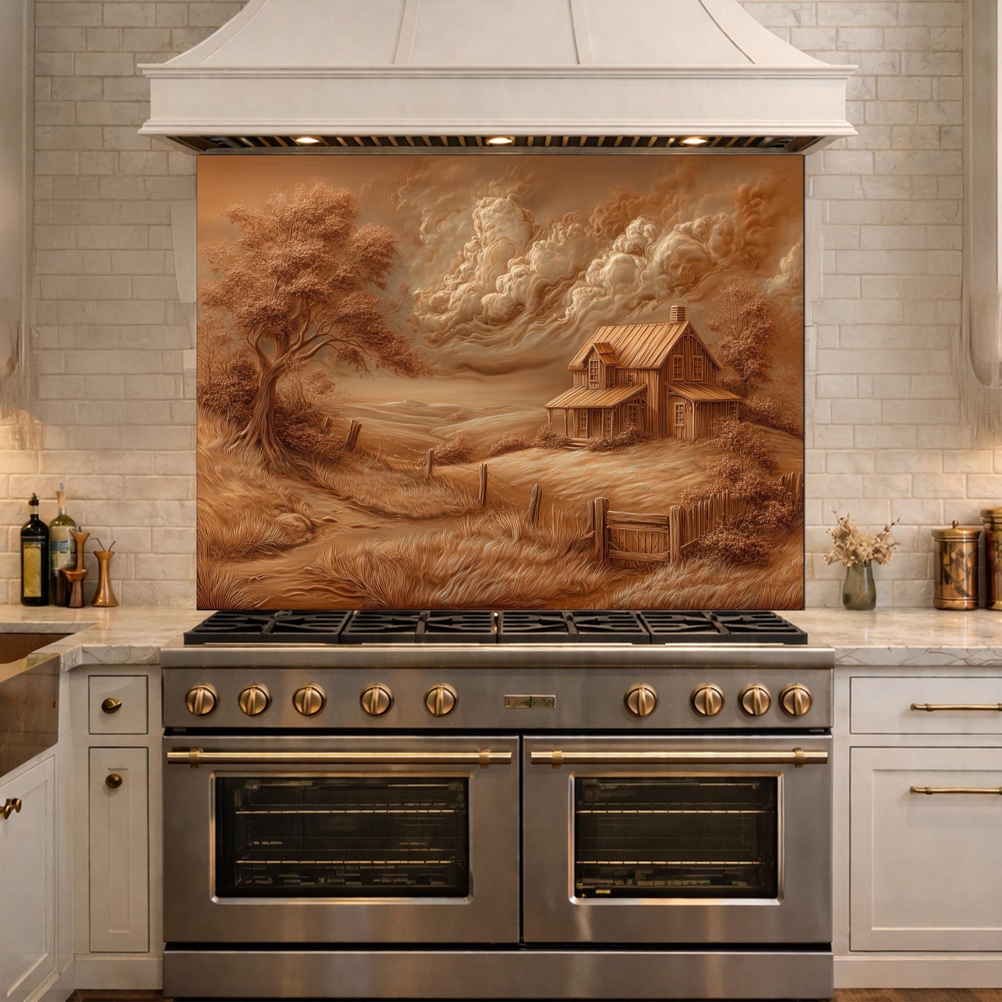 Rustic Farmhouse Landscape Glass Backsplash, Sepia Country Kitchen Wall Panel