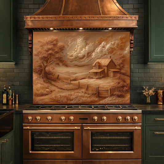 Rustic Farmhouse Landscape Glass Backsplash, Sepia Country Kitchen Wall Panel