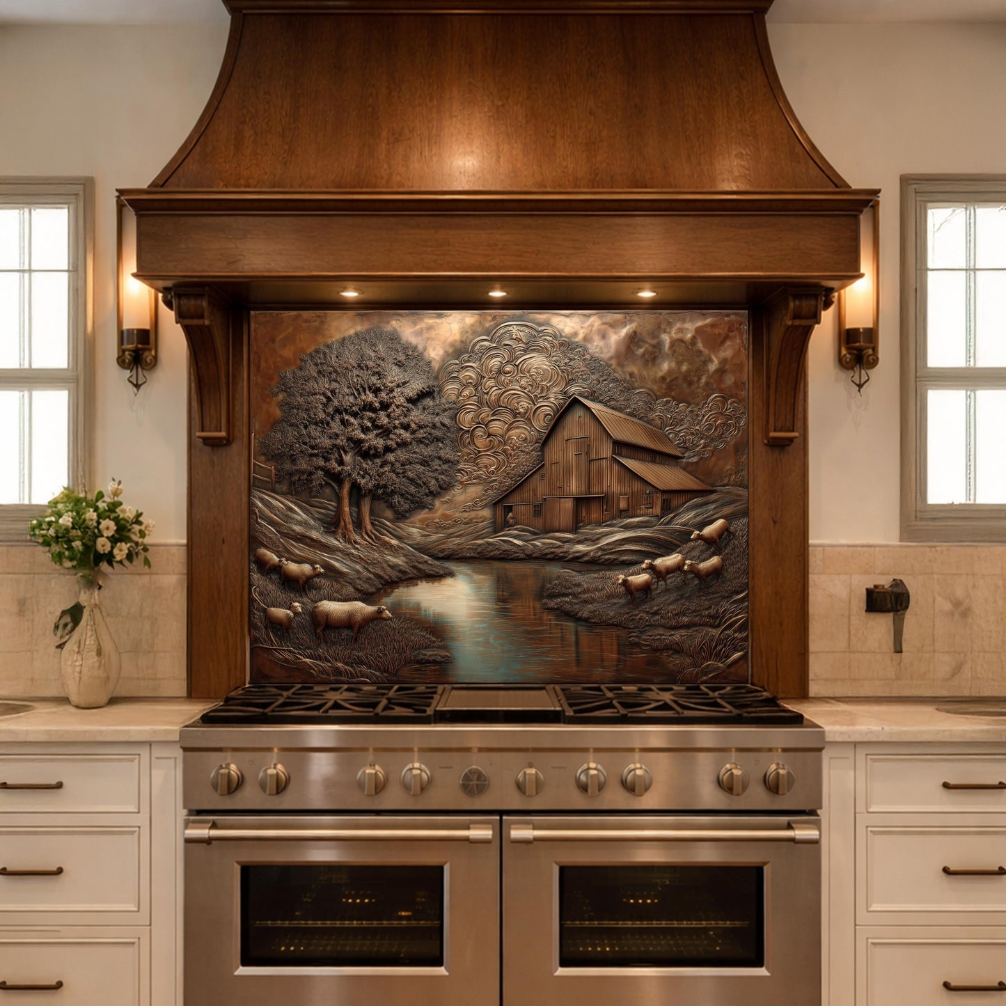 Rustic Barn Sheep Landscape Glass Backsplash, Sepia Farmhouse Kitchen Panel
