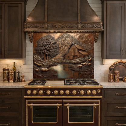 Rustic Barn Sheep Landscape Glass Backsplash, Sepia Farmhouse Kitchen Panel