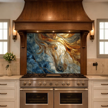 Abstract Horse Tempered Glass Kitchen Backsplash Panel – Gold Blue Marble Animal Wall Art