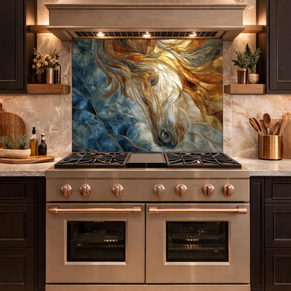 Abstract Horse Tempered Glass Kitchen Backsplash Panel – Gold Blue Marble Animal Wall Art