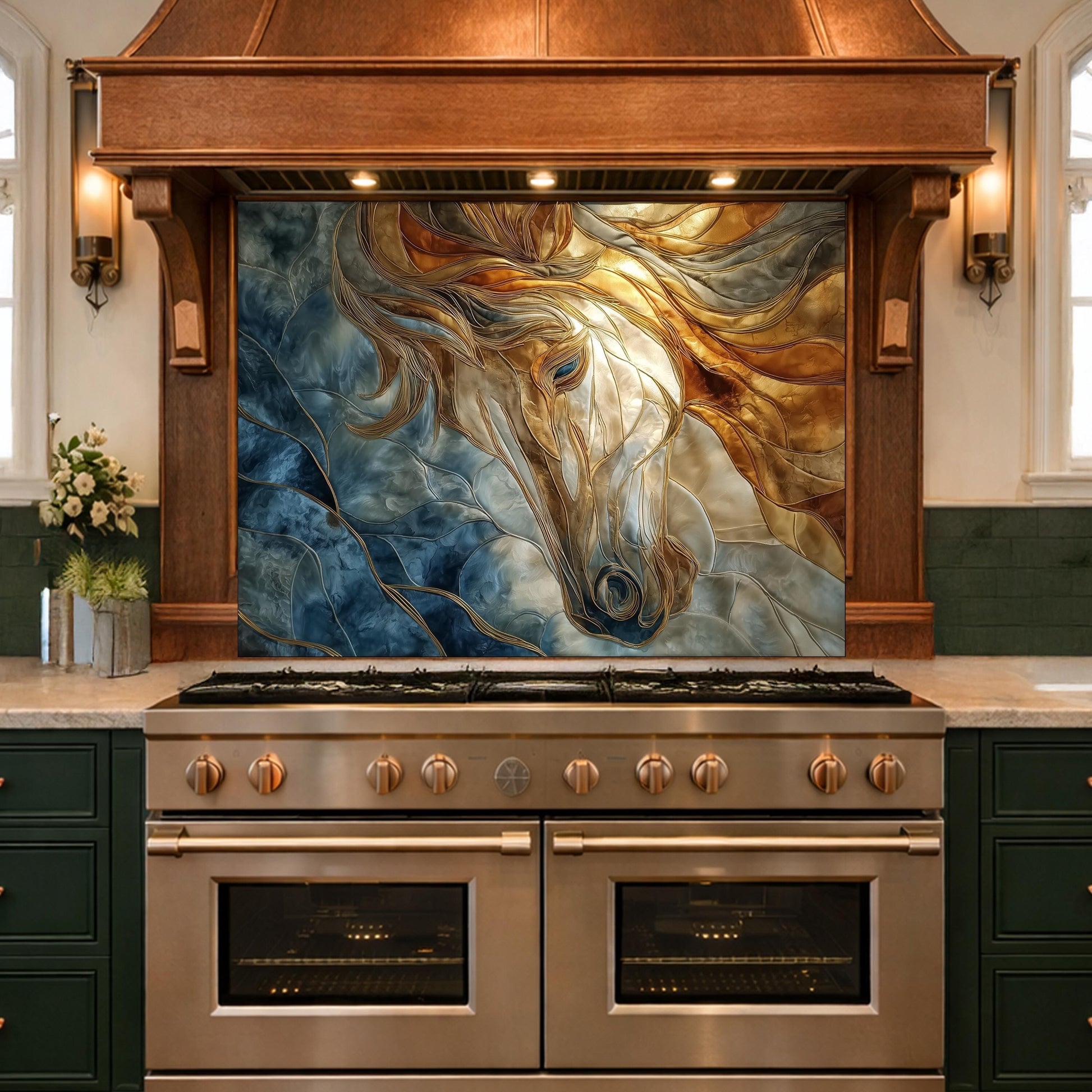 Abstract Horse Tempered Glass Kitchen Backsplash Panel – Gold Blue Marble Animal Wall Art