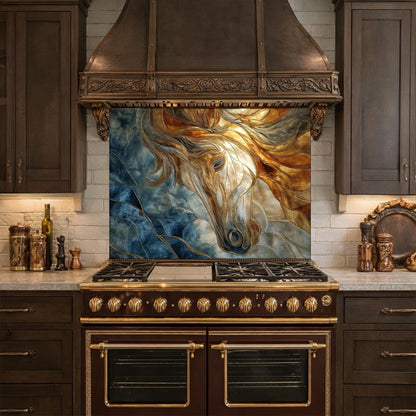 Abstract Horse Tempered Glass Kitchen Backsplash Panel – Gold Blue Marble Animal Wall Art