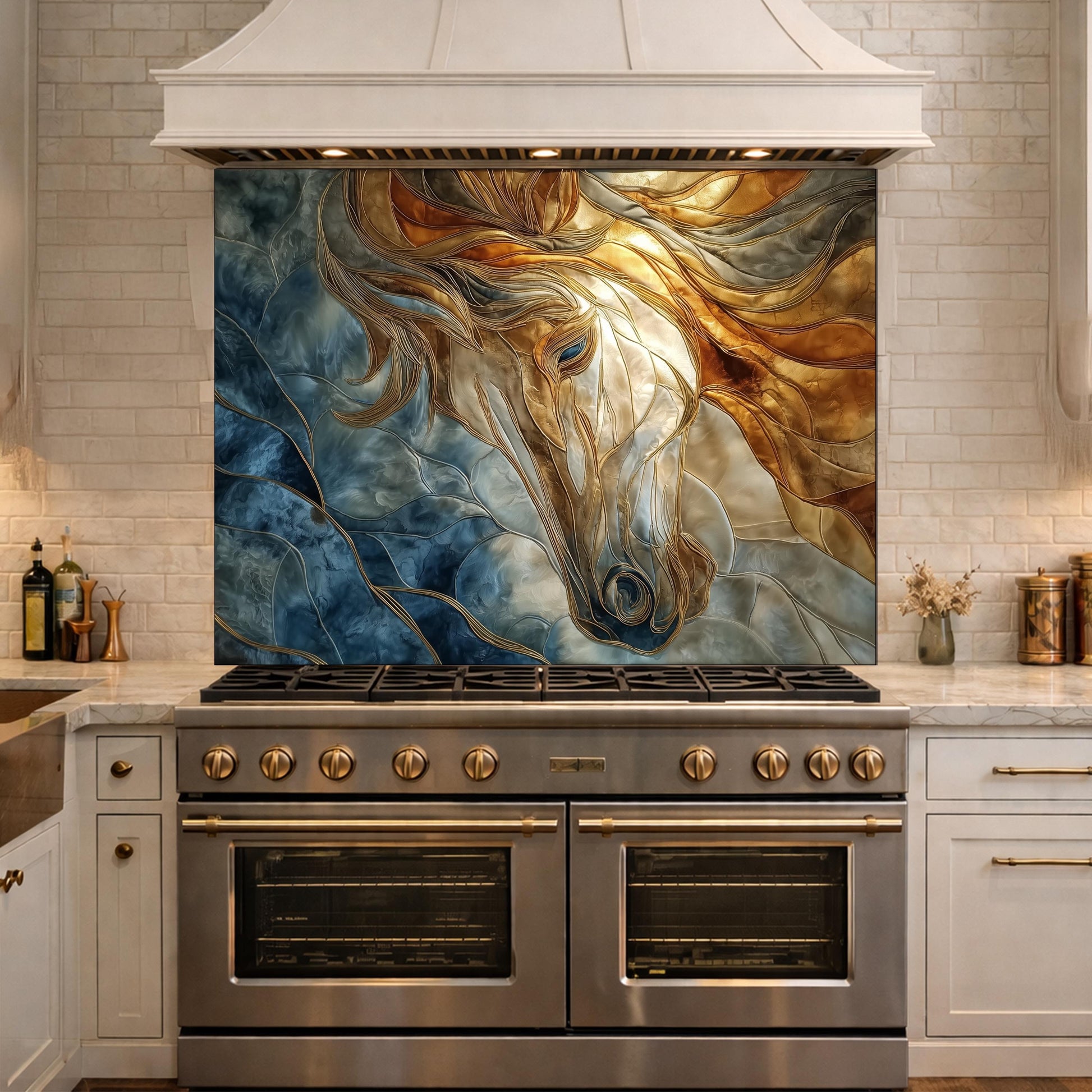 Abstract Horse Tempered Glass Kitchen Backsplash Panel – Gold Blue Marble Animal Wall Art