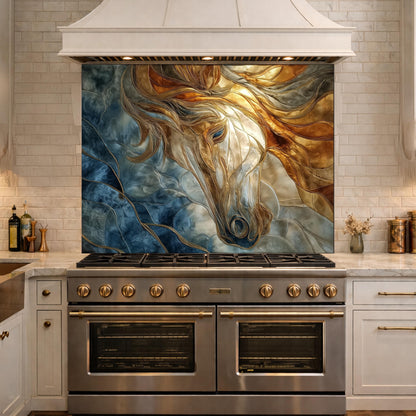 Abstract Horse Tempered Glass Kitchen Backsplash Panel – Gold Blue Marble Animal Wall Art