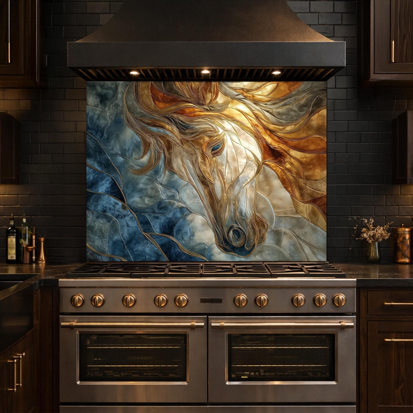 Abstract Horse Tempered Glass Kitchen Backsplash Panel – Gold Blue Marble Animal Wall Art