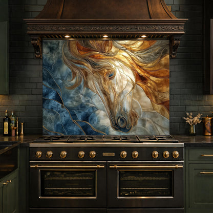 Abstract Horse Tempered Glass Kitchen Backsplash Panel – Gold Blue Marble Animal Wall Art