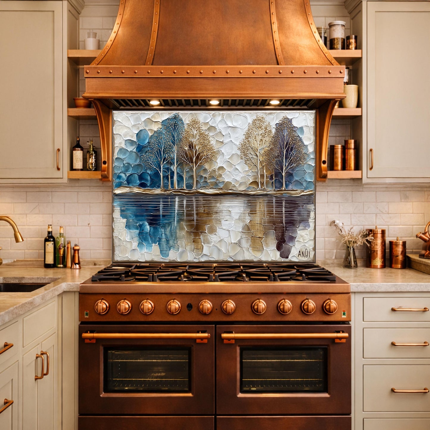 Abstract Forest Tempered Glass Kitchen Backsplash Panel – Blue Gold Nature Wall Art Decor