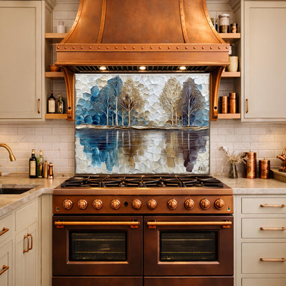 Abstract Forest Tempered Glass Kitchen Backsplash Panel – Blue Gold Nature Wall Art Decor