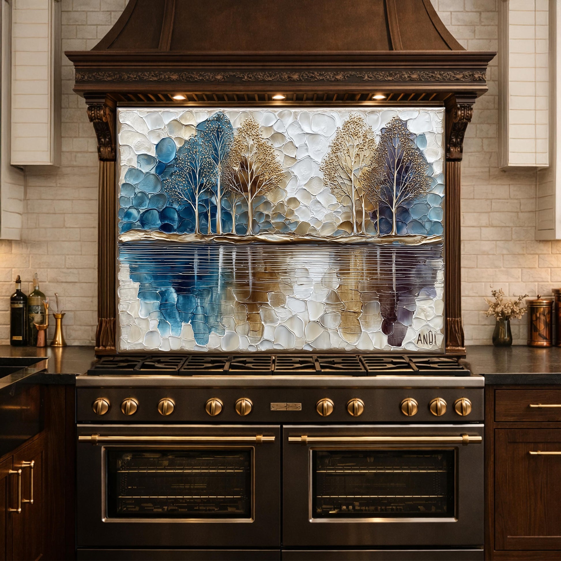 Abstract Forest Tempered Glass Kitchen Backsplash Panel – Blue Gold Nature Wall Art Decor