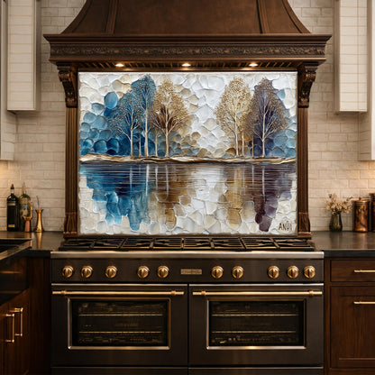 Abstract Forest Tempered Glass Kitchen Backsplash Panel – Blue Gold Nature Wall Art Decor