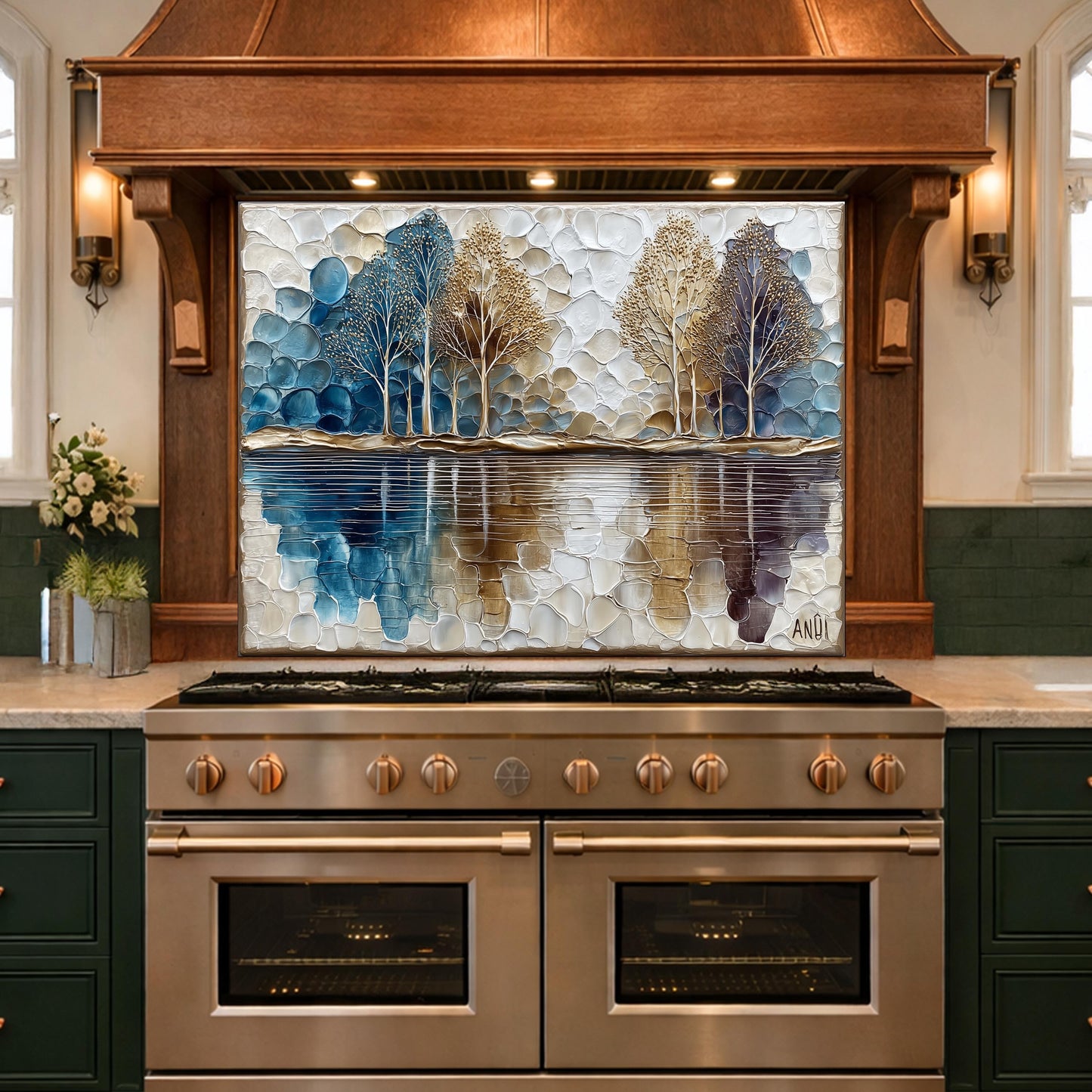 Abstract Forest Tempered Glass Kitchen Backsplash Panel – Blue Gold Nature Wall Art Decor