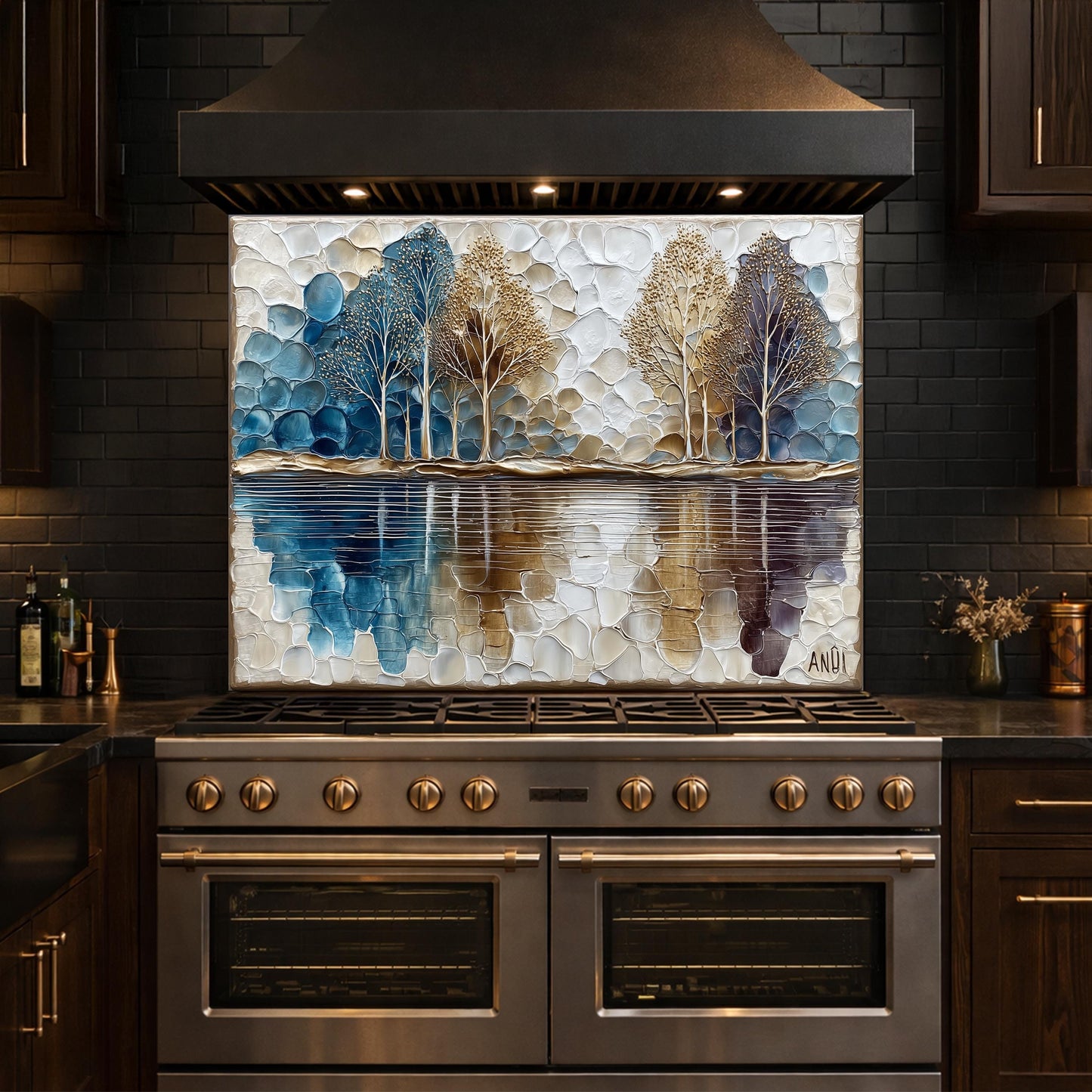 Abstract Forest Tempered Glass Kitchen Backsplash Panel – Blue Gold Nature Wall Art Decor