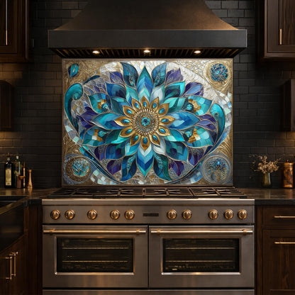 Blue Mandala Tempered Glass Kitchen Backsplash Panel – Teal Gold Floral Art
