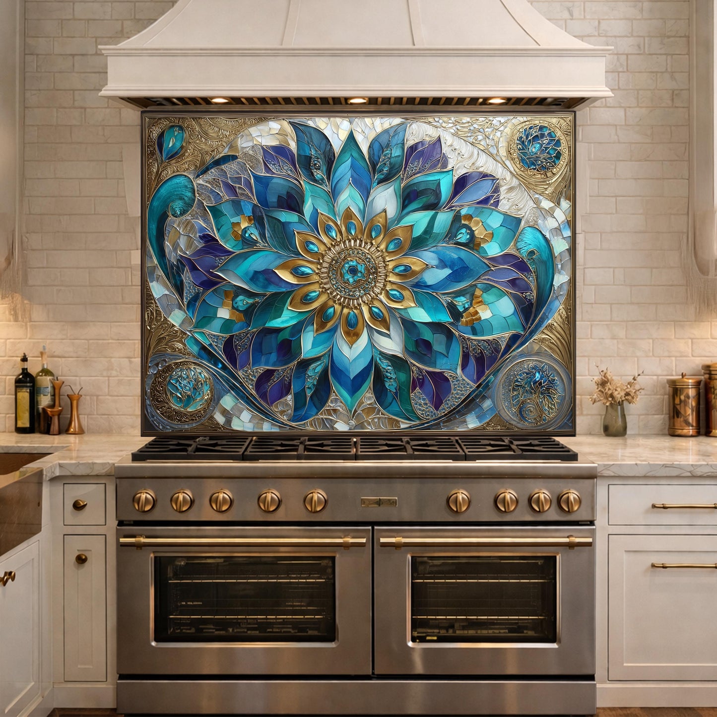 Blue Mandala Tempered Glass Kitchen Backsplash Panel – Teal Gold Floral Art