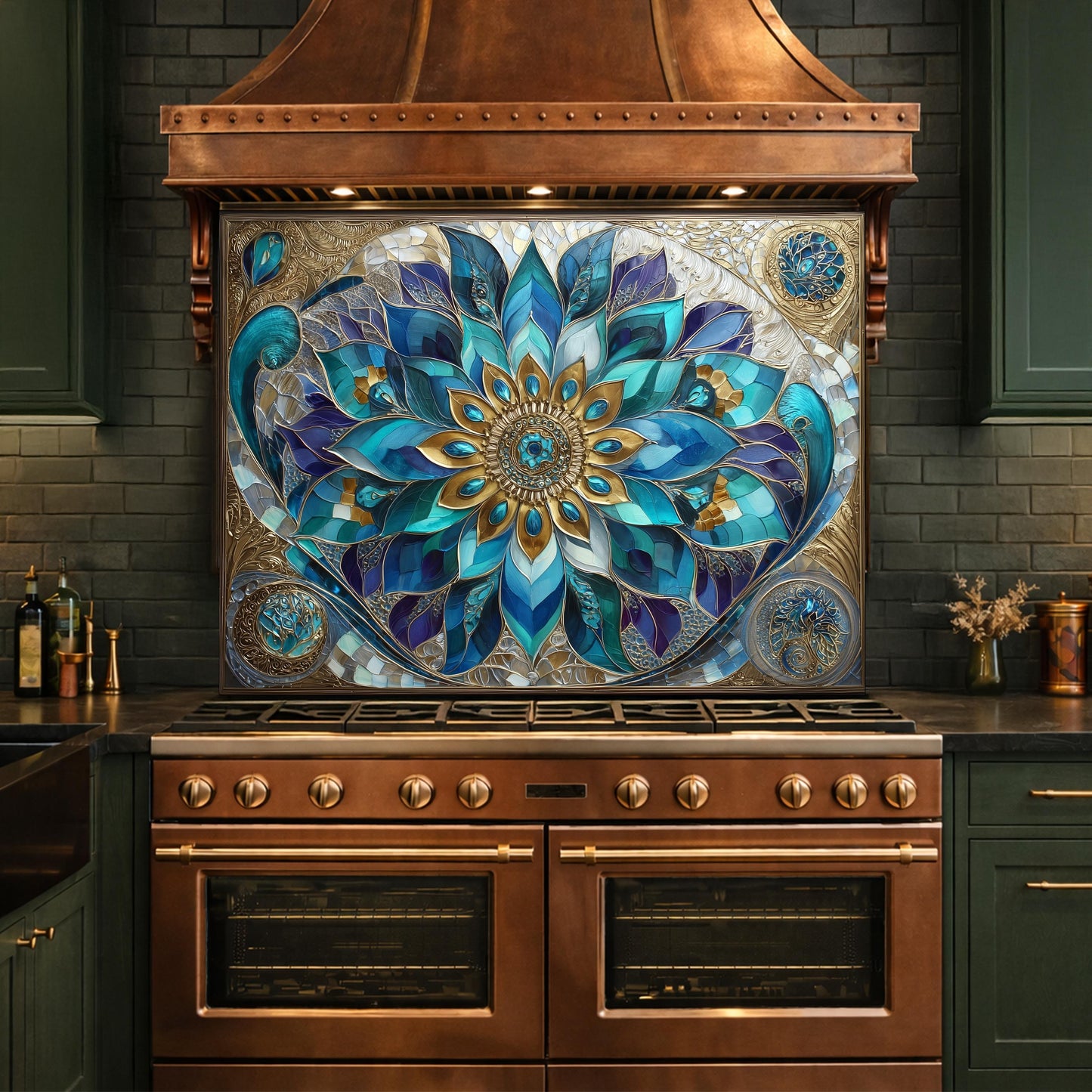 Blue Mandala Tempered Glass Kitchen Backsplash Panel – Teal Gold Floral Art